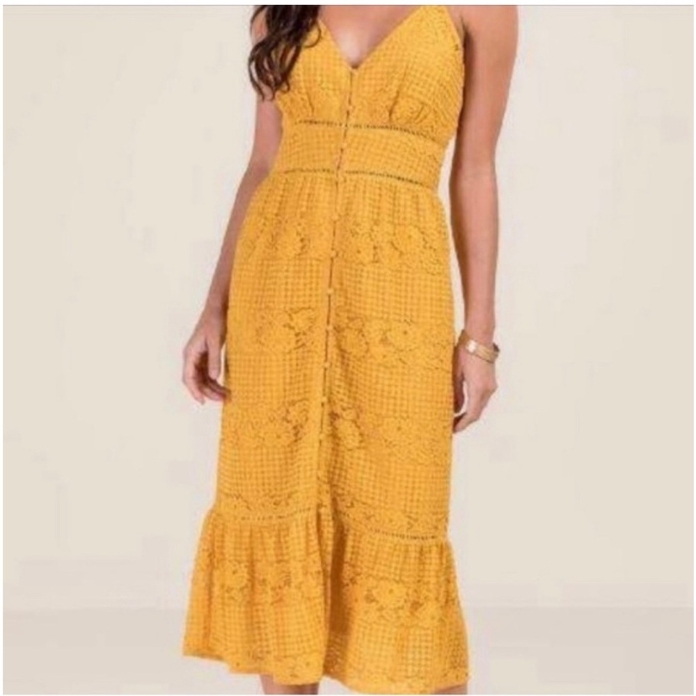 Francesca’s Collection Embroidered Lace Mermaid Midi Dress-Mustard